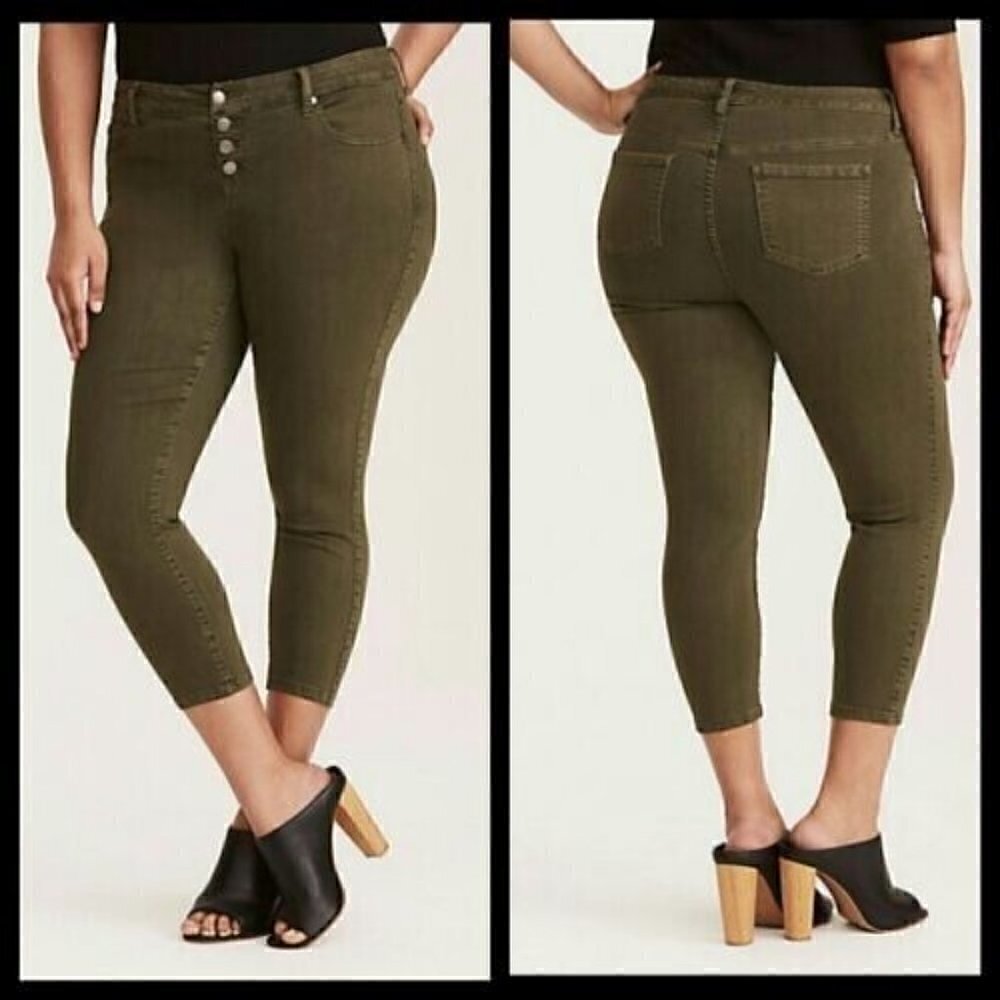 Torrid Size 18 Ultra‎ Skinny Cropped Jeans Olive Wash High Rise Button Fly